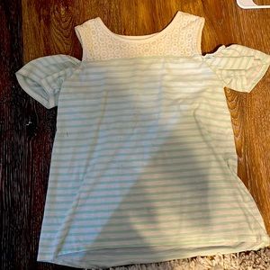 Justice teal and white off the shoulder T-shirt